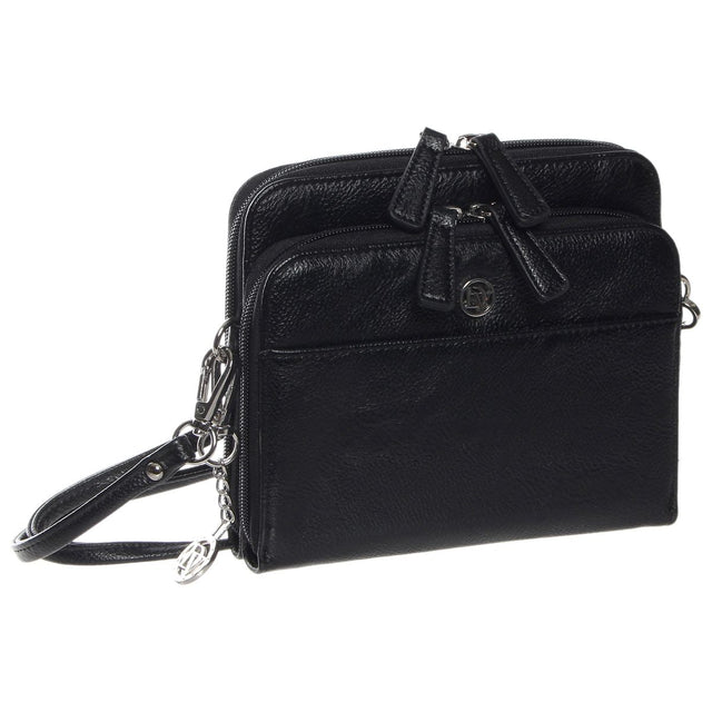La Diva black structured crossbody handbag with top dual zippers, front logo emblem, and metal key charm. Style #5250STL.