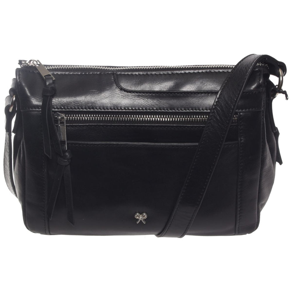 La Diva black handbag top view with open zip compartments showing striped lining and front zip pockets. Style #R14825STL