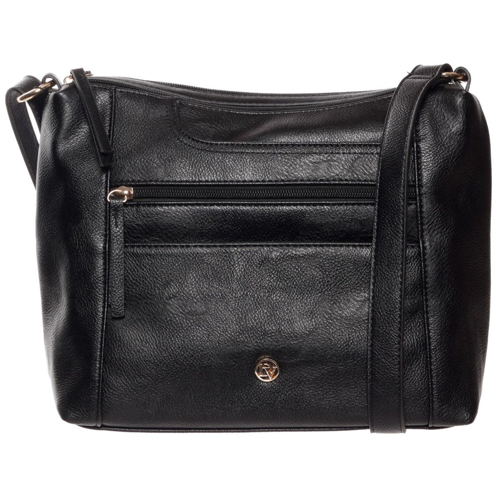 La Diva black pebbled faux leather shoulder bag with front zip pocket, subtle gold emblem, and shoulder strap. Style #R14826STL