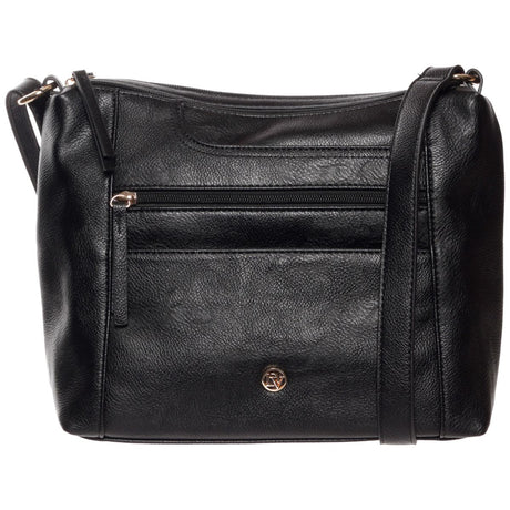 La Diva black pebbled faux leather shoulder bag with front zip pocket, subtle gold emblem, and shoulder strap. Style #R14826STL