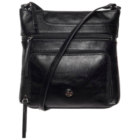 La Diva black leather crossbody handbag with multiple zippered front pockets and silver hardware. Style #R15017STL