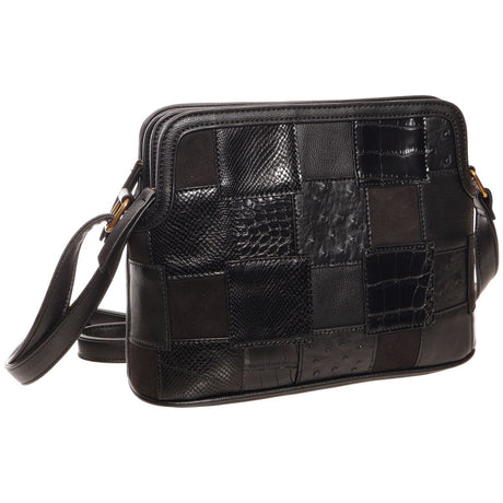 La Diva black patchwork shoulder handbag featuring mixed leather textures including snakeskin and croc embossed. Style #R19271STL