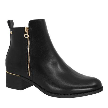 Black side-zip ankle boot with gold zipper detail, low block heel, and metallic heel accent. Lady Comfort Style #BARB BLK