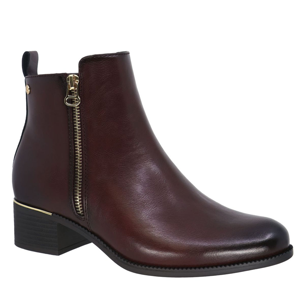 Bordo side-zip ankle boot with gold zipper detail, low block heel, and metallic heel accent. Lady Comfort Style #BARB BOR
