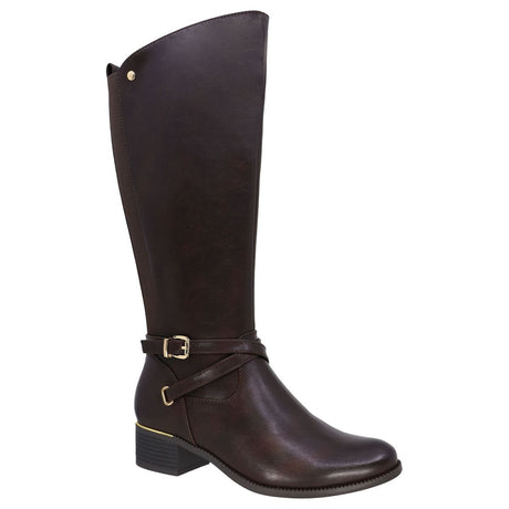 Brown knee-high boot with buckled ankle strap, low block heel, and side elastic gore. Lady Comfort Style #BONNIE BRN