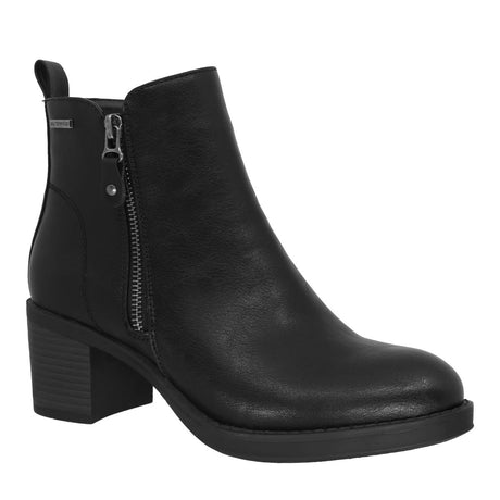 Black waterproof ankle boot with side zipper, heel pull tab, and stacked block heel. Lady Comfort Style #BROOKE-WP