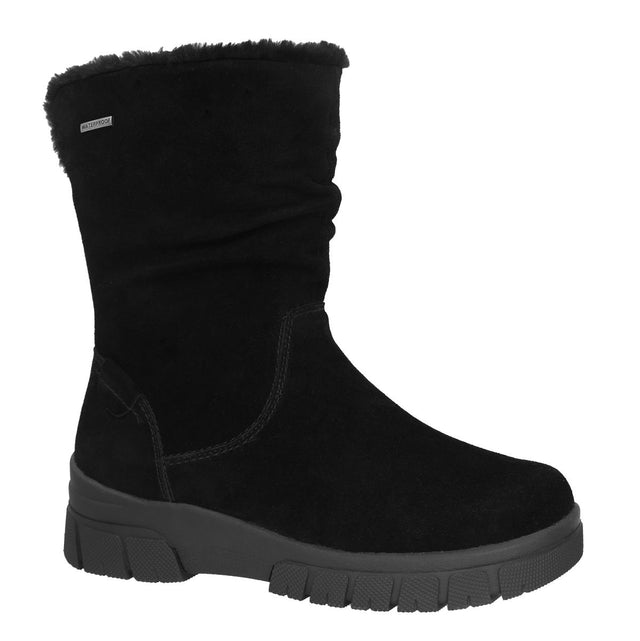 Black waterproof suede mid-calf boot with faux fur trim, ruched shaft, and thick lug sole. Lady Comfort Style #JADE-WP
