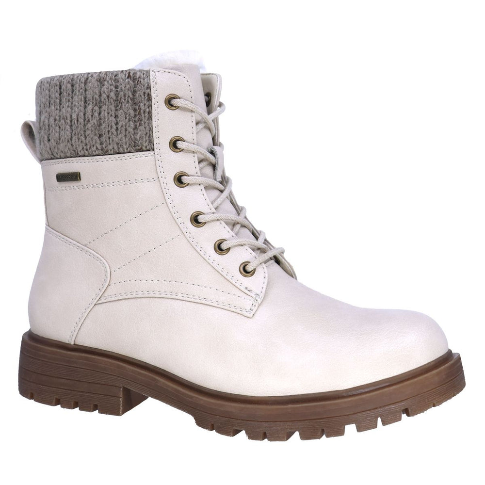 Beige lace-up waterproof boot with knit sweater collar, plush lining, and lug sole. Lady Comfort Style #KATHER-WP