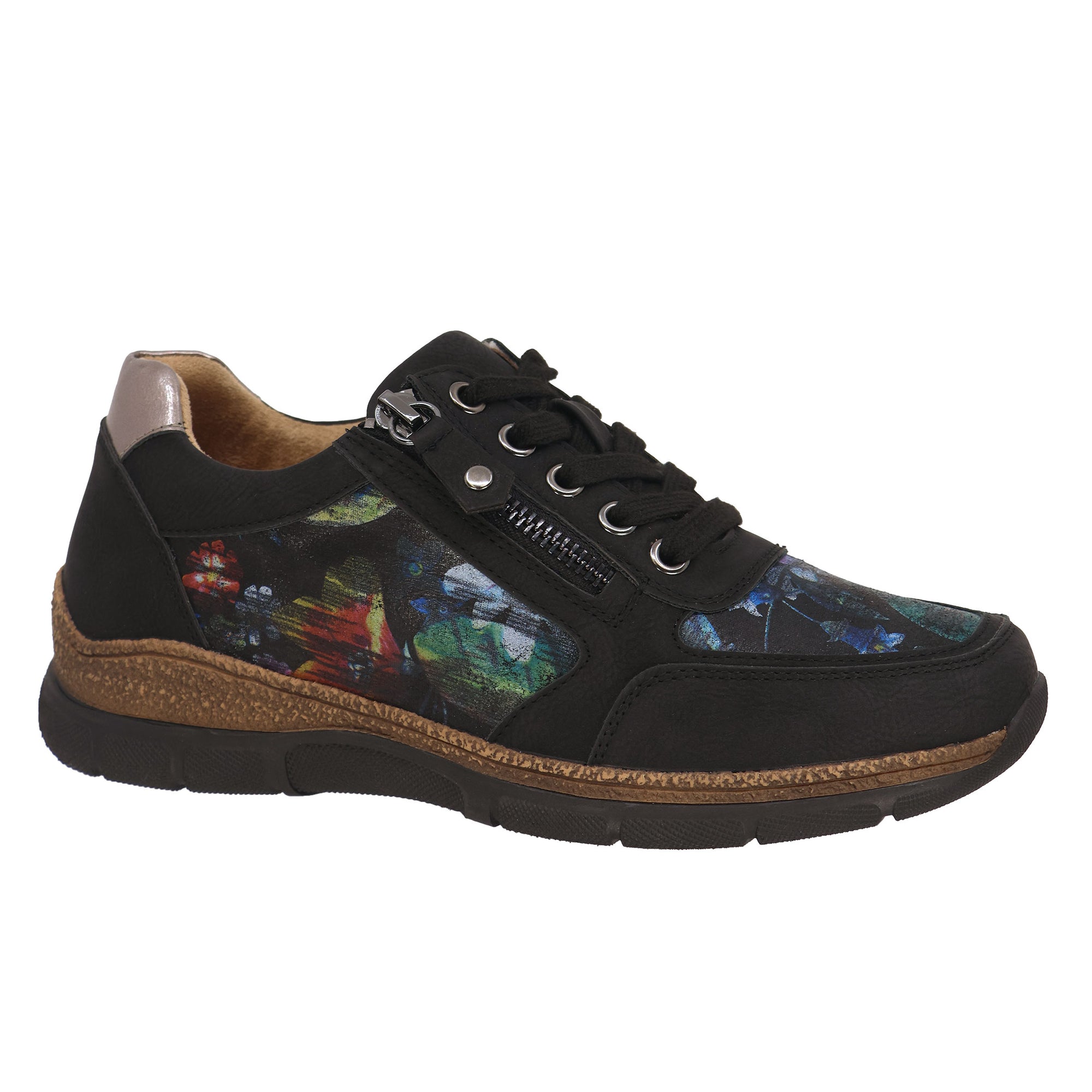 Lady Comfort Mila-01 Women’s Black Sneakers with padded insole, adjustable lace-up, functional outside zipper, and bold printed side detail.