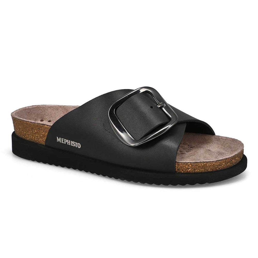 Mephisto Hariana Women's Cork Slide Buckle Sandals in Black. Single Mephisto Hariana cork slide sandal in black with a large silver buckle on a white background. style 2800 - Comfortable, All-day wear, soft footbed, leather, classic look, walking shoe, easy on and off, sandal, clog, heel, Mephisto Hariana sandals, women’s cork slide sandals, black leather slide sandal, SOFT-AIR technology sandals, Mephisto style 2800.