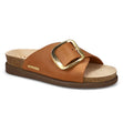 Mephisto Hariana Women's Cork Slide Buckle Sandals in Camel - Single Mephisto Hariana cork slide sandal in Camel with a gold silver buckle on a white background. Comfortable, All-day wear, soft footbed, leather, classic look, walking shoe, easy on and off, sandal, clog, heel, Mephisto Hariana sandals, women’s cork slide sandals, camel, tan leather slide sandal, SOFT-AIR technology sandals, Mephisto style 3431N.
