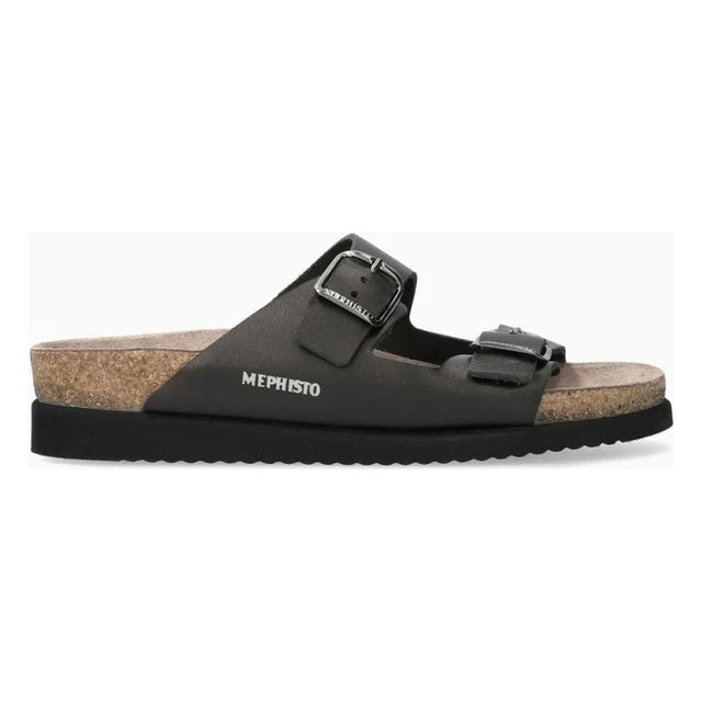 Mephisto Harmony Women's Sandals in Black Waxy Leather - Comfortable, All-day wear, soft footbed, leather, classic look, walking shoe, easy on and off, sandal, clog, heel, Mephisto Harmony sandals, black leather summer sandals, SOFT-AIR cork sandals, women's orthopedic sandals, Mephisto flat sandals, AIR-RELAX sandals. Style HARMON2800