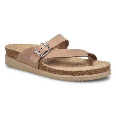 Mephisto Helen Women's Toe Thong Sandals in Light Taupe - A single light taupe Mephisto Helen toe thong sandal with a buckle and cork sole, presented at an angle. Comfortable, All-day wear, soft footbed, leather, classic look, walking shoe, easy on and off, sandal, clog, heel, Mephisto Helen sandals, Light Taupe sandals, women’s toe thong sandals, Mephisto 6018/18, SOFT-AIR footbed, AIR-RELAX arch support. 6018/18