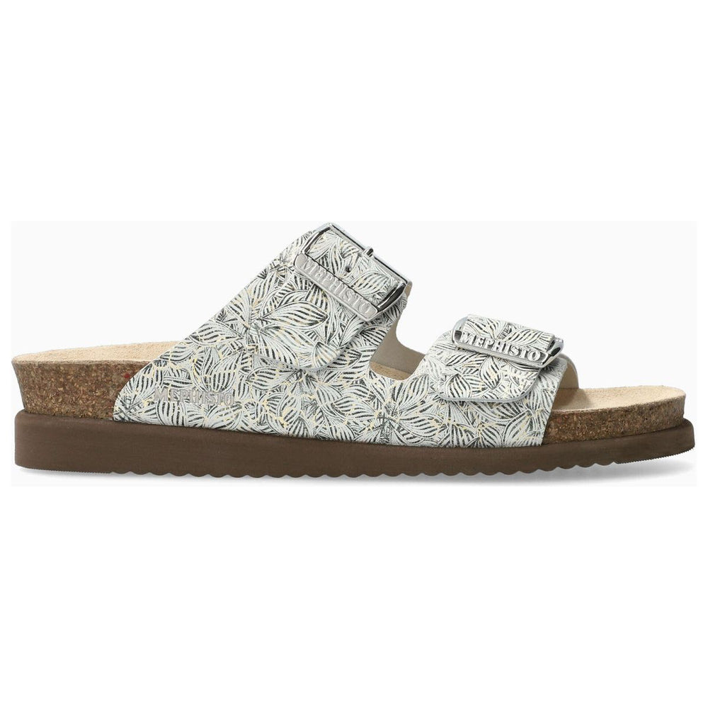 Women's Mephisto Hester comfort sandal in Gold Florally patterned leather with two adjustable buckle straps and a cork midsole. Style #42829
