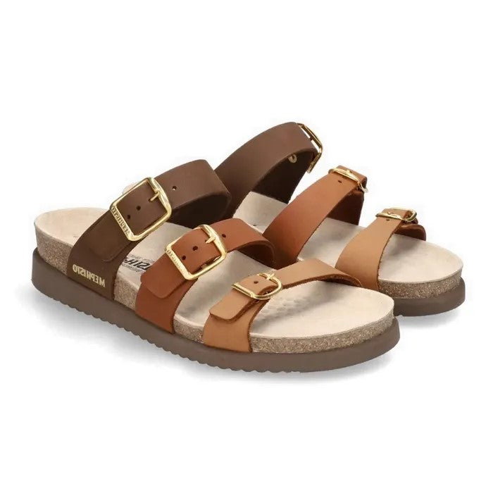 Mephisto Hyacinta Women's Sandals in Camel - style 3431N/3478. A pair of Mephisto Hyacinta sandals with multi-toned brown leather straps and gold buckles. 3431N/3478 - Comfortable, All-day wear, soft footbed, leather, classic look, walking shoe, easy on and off, sandal, clog, heel, Mephisto Hyacinta sandals, camel leather sandals, women’s flat sandals, SOFT-AIR comfort shoes.