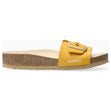Mephisto women's Mabel sandals in ochre with a single adjustable strap, a cork footbed, and a ridged black sole. 6047.