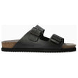 Men's black leather two-strap sandal with adjustable buckles and a contoured cork sole. Style #3400.