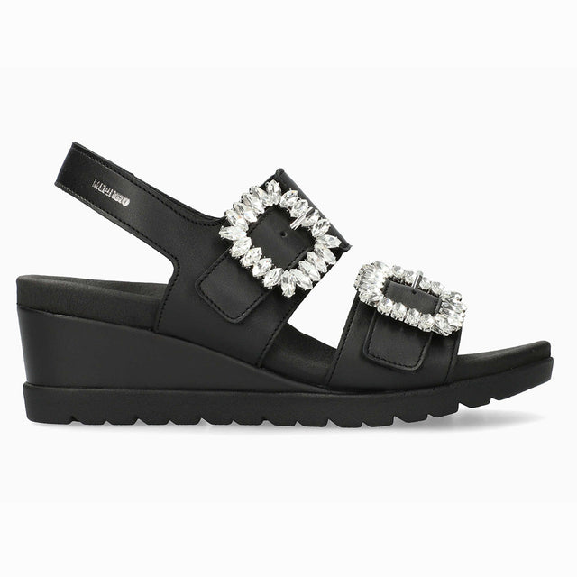 Mephisto Ysabel Spark Women’s Wedge Sandals in Black | Style 7800. Comfortable, All-day wear, soft footbed, leather, classic look, walking shoe, easy on and off, sandal, clog, heel, Mephisto Ysabel Spark, black wedge sandals, women's summer sandals, Mephisto shock-absorbing sandals, Mephisto AIR-RELAX.
