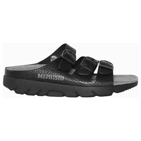 Unisex black pebbled leather slide sandal with three adjustable straps, black buckles, and a thick black sole. Style #4400
