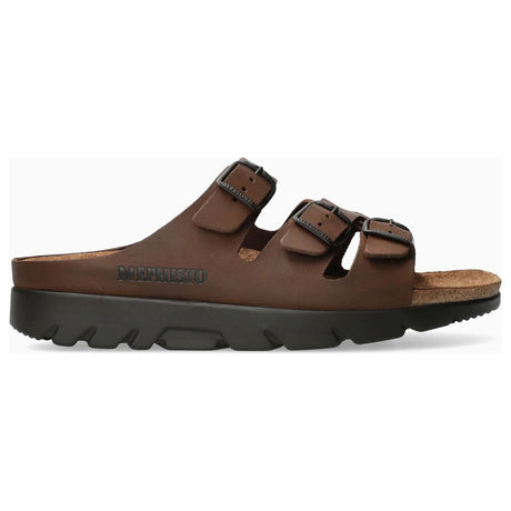 Unisex brown leather slide sandal with three adjustable straps, black buckles, and a thick black sole. Style #3451.
