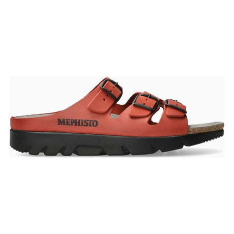 Unisex red leather slide sandal with three adjustable straps, black buckles, and a thick black sole. Style #3401