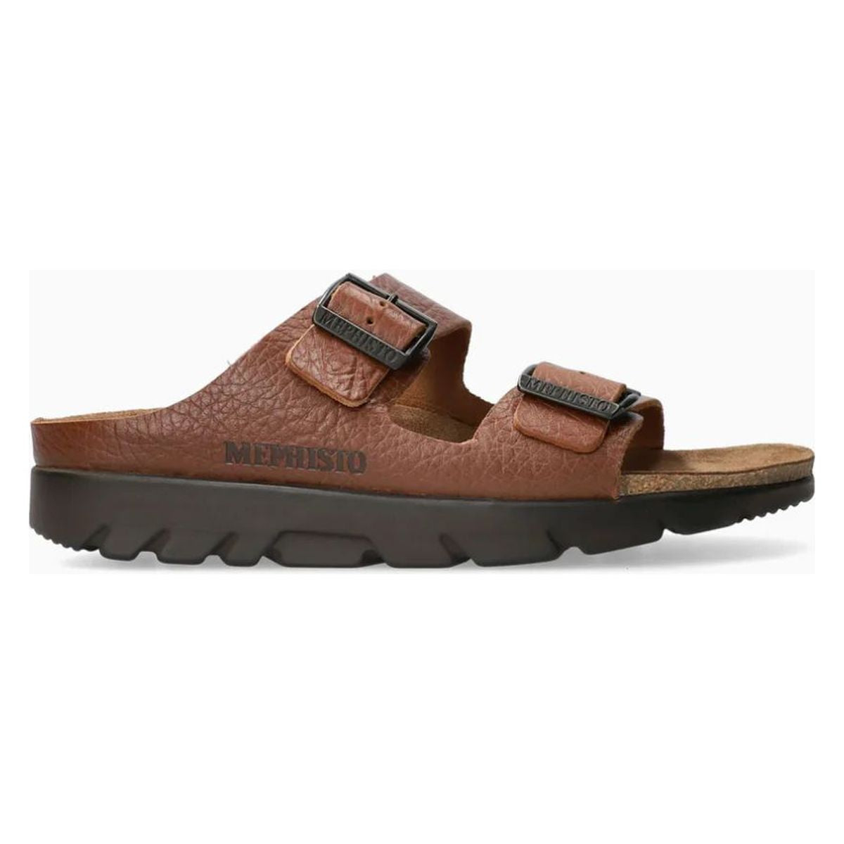 Light brown pebbled leather unisex slide sandal with two adjustable buckled straps and a dark shock-absorbing sole. Style #4442