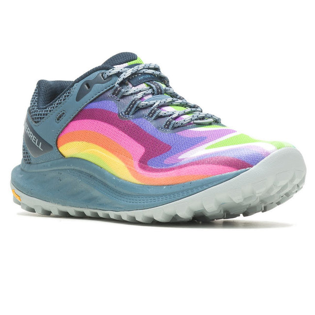 Women’s rainbow mesh trail running shoe with blue overlays and a grey lugged sole. Style #J067550.