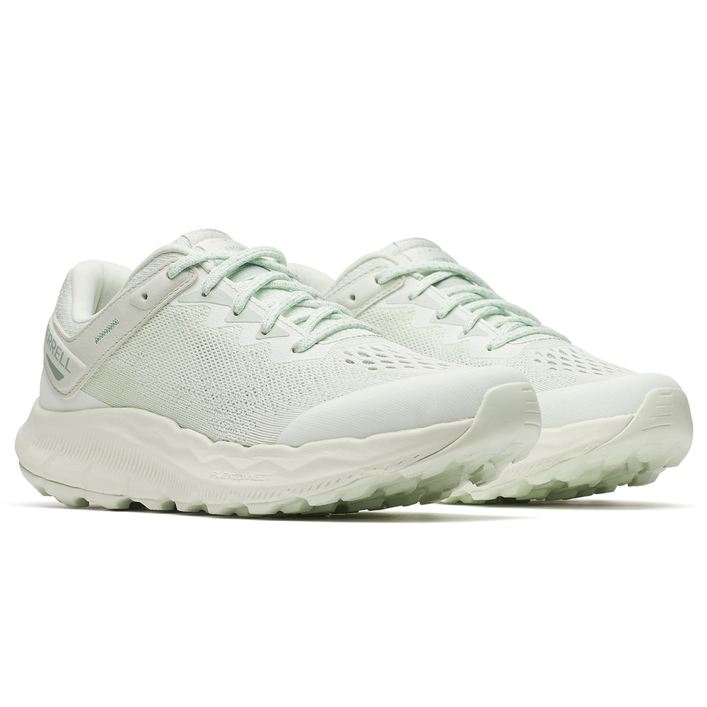 Women’s athletic trail shoe in soft cucumber green with mesh upper, abrasion-resistant toe cap, and rugged treaded outsole for lightweight outdoor support. Style #J068456