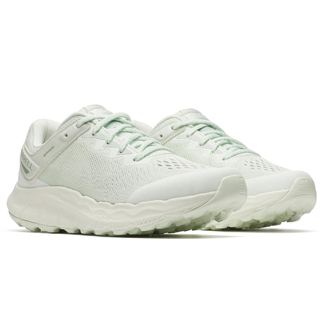 Women’s athletic trail shoe in soft cucumber green with mesh upper, abrasion-resistant toe cap, and rugged treaded outsole for lightweight outdoor support. Style #J068456