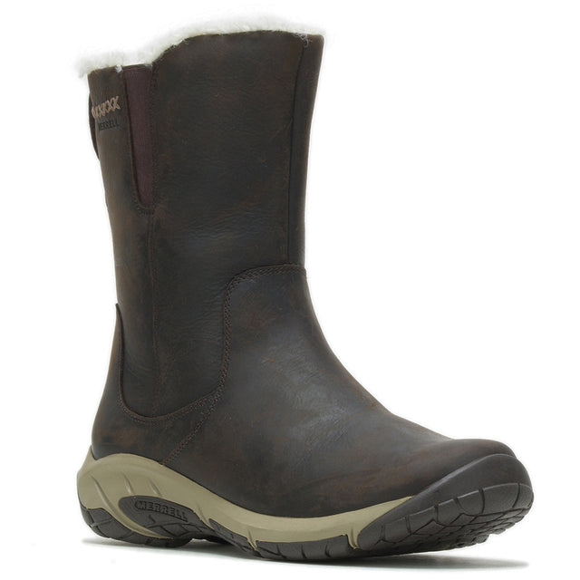A brown waterproof boot with a white lining visible at the top, designed for women. Merrell Encore 4 Tall Boot