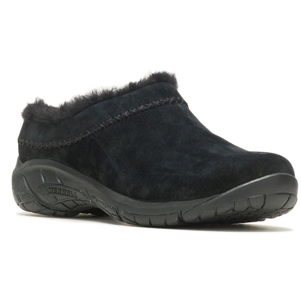A black women's slip-on shoe with furry lining and a rubber sole. Merrell Encore Ice 4. 
