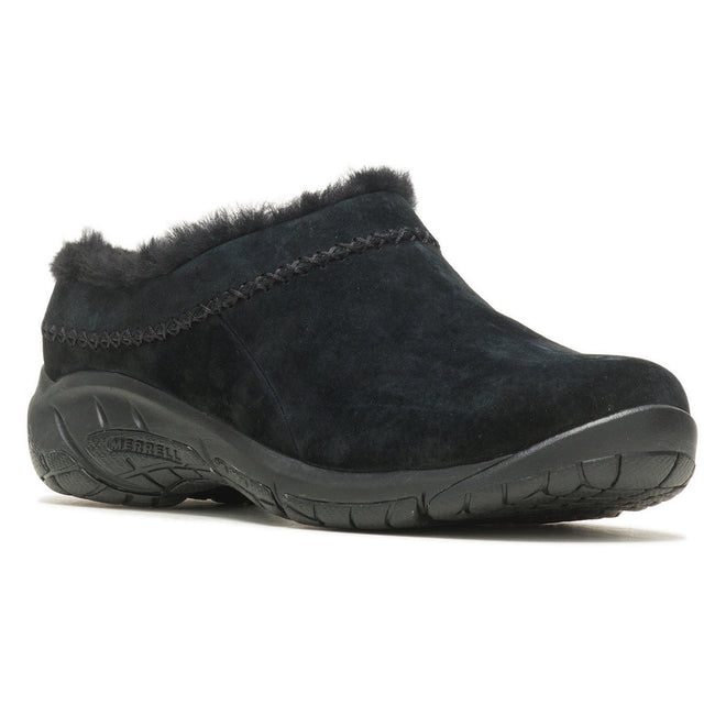 A black women's slip-on shoe with furry lining and a rubber sole. Merrell Encore Ice 4. 