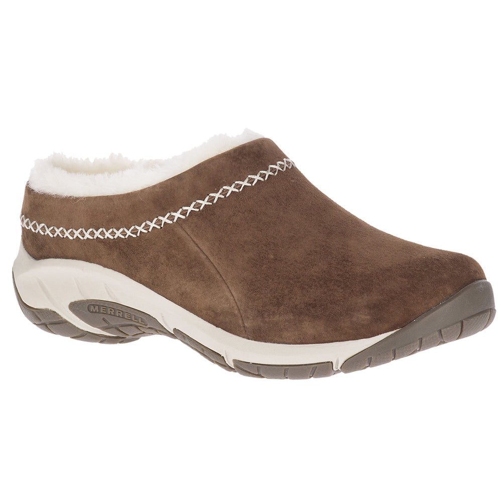 A brown women's slip-on shoe with a furry lining and white stitching detail. Merrell Encore Ice 4 in Stone. 