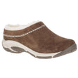 A brown women's slip-on shoe with a furry lining and white stitching detail. Merrell Encore Ice 4 in Stone. 