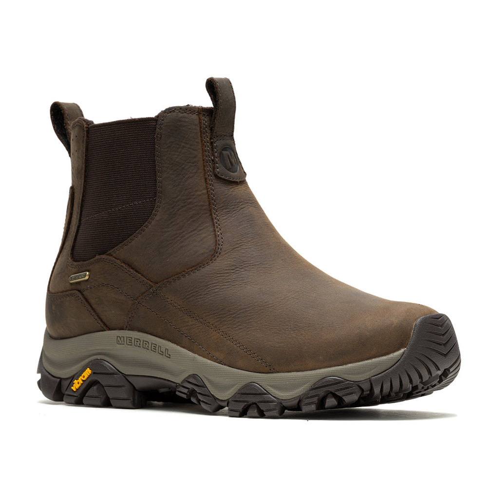 Merrell Moab Adventure 3 Chelsea Polar Men’s Waterproof Boots with leather upper, fleece lining, insulation, double gore panels, and Vibram TC5+ outsole.