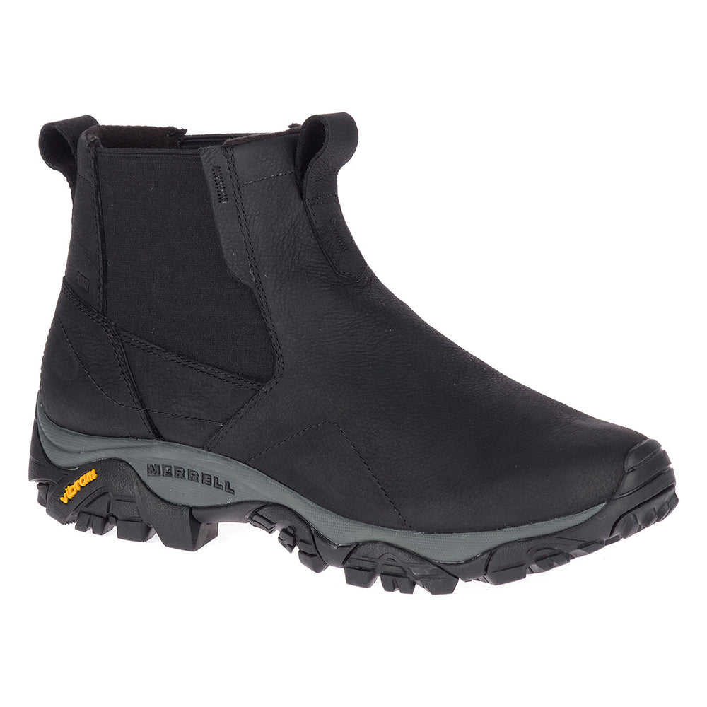 Merrell Moab Adventure 3 Men’s Waterproof Black Chelsea Boots with leather upper, double stretch gore, fleece lining, and Vibram TC5+ rubber outsole.