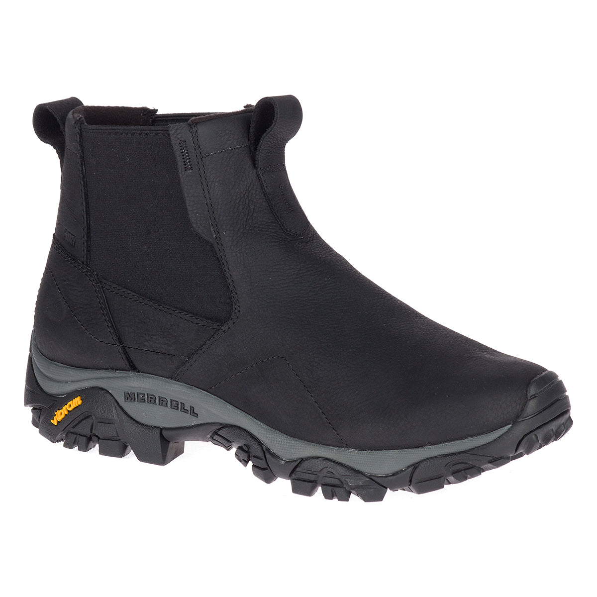 Merrell Moab Adventure 3 Men’s Waterproof Black Chelsea Boots with leather upper, double stretch gore, fleece lining, and Vibram TC5+ rubber outsole.