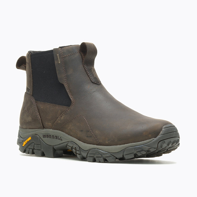 Merrell Moab Adventure 3 Men’s Waterproof Chelsea Boots with leather upper, double stretch gore, fleece lining, and Vibram TC5+ rubber outsole.