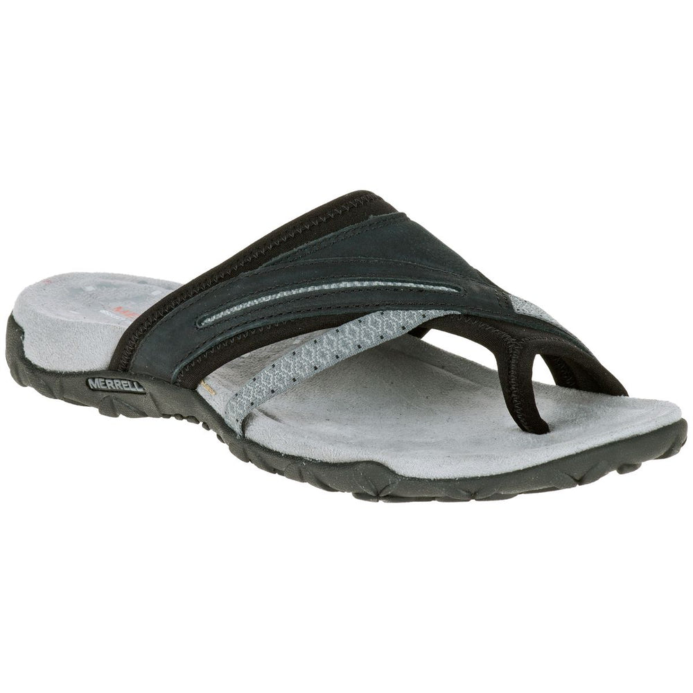 Women's black nubuck leather thong sandal with crisscross pattern straps and a contoured grey sole. Style #J55328.