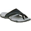 Women's black nubuck leather thong sandal with crisscross pattern straps and a contoured grey sole. Style #J55328.