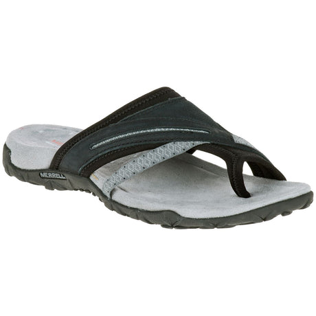 Women's black nubuck leather thong sandal with crisscross pattern straps and a contoured grey sole. Style #J55328.