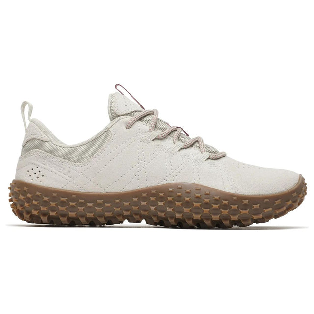 Merrell off-white suede barefoot walking sneaker with wrapped gum rubber lugged outsole and lace closure. Style #J036004