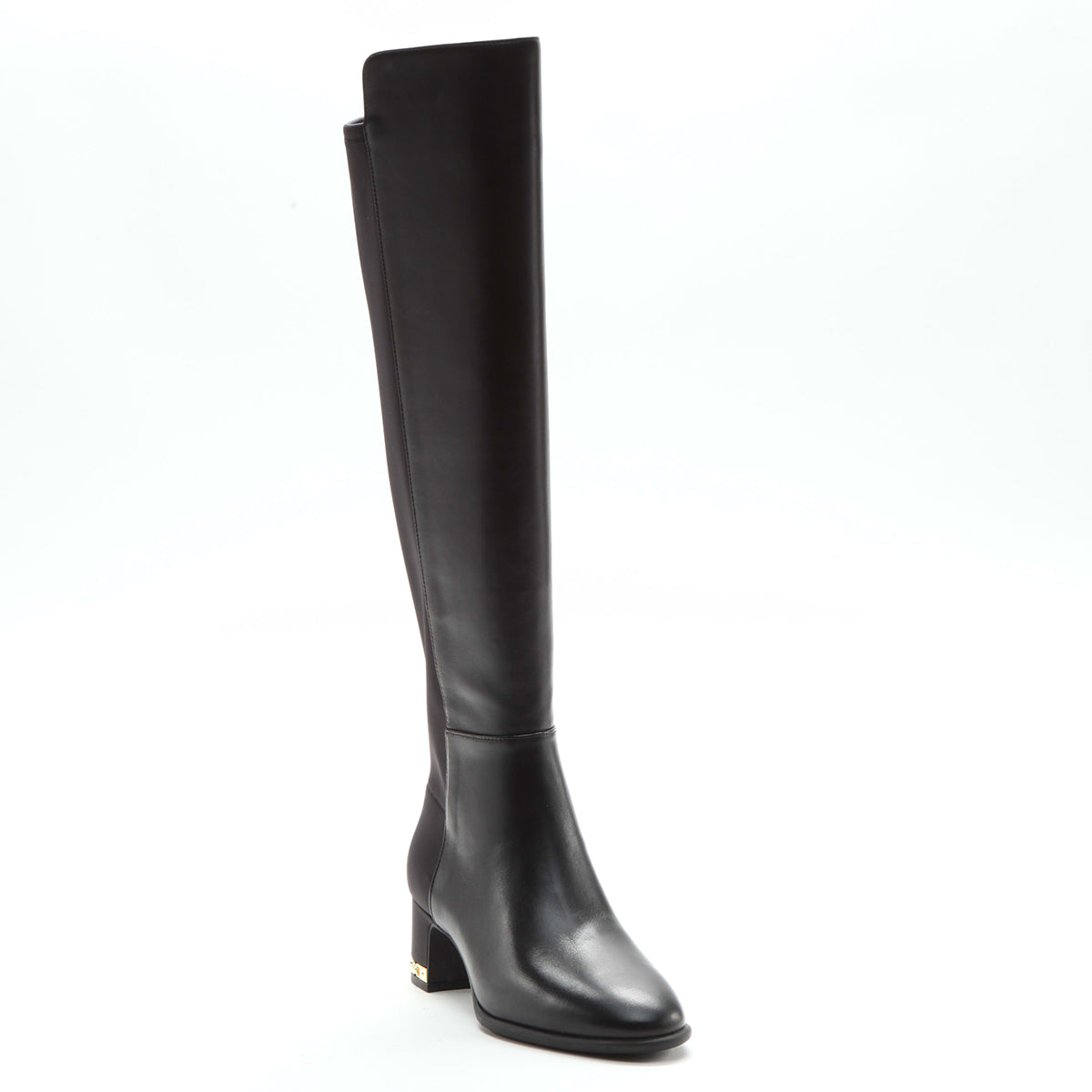 A black, knee-high MICHAEL Michael Kors boot with a round toe and side zip closure. June Flex.