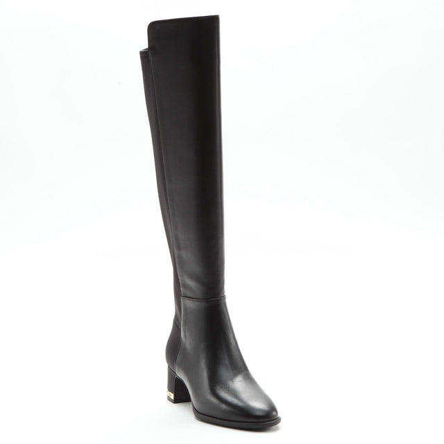 A black, knee-high MICHAEL Michael Kors boot with a round toe and side zip closure. June Flex.