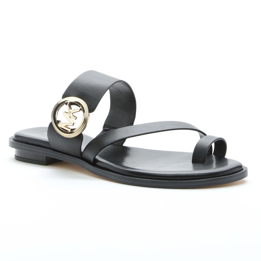 Michael Kors Vera Flat Toe Thong Slide in Black with MK Gold logo on the side. 