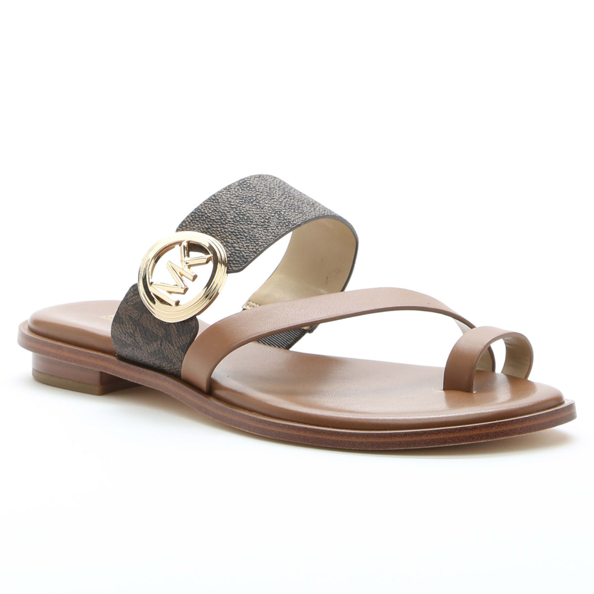Michael Kors Vera Flat Toe Thong Slide in Brown with Gold MK logo on the side. 