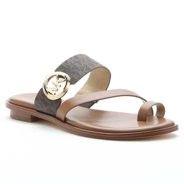 Michael Kors Vera Flat Toe Thong Slide in Brown with Gold MK logo on the side. 