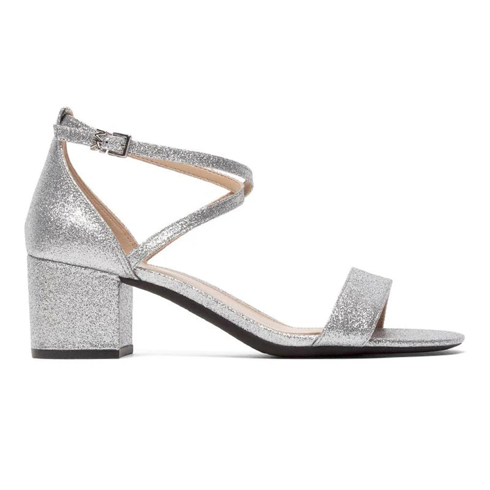 Silver glitter Michael Kors heeled sandal with a block heel and criss-cross ankle strap, 40S5SEMS1M