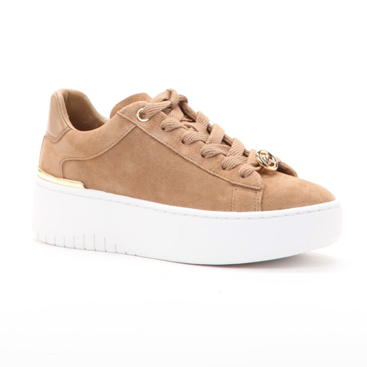 Husk-colored Michael Kors suede sneaker with a white platform sole and gold logo charm on the laces, 43F5DTFS1S