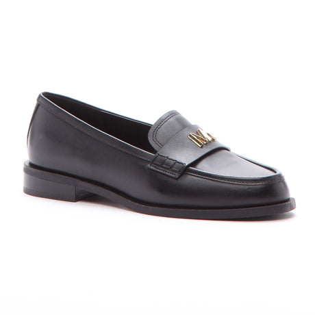 Black leather Michael Kors loafer with a gold MK logo on the strap and a squared toe, 40F5LXFP1L